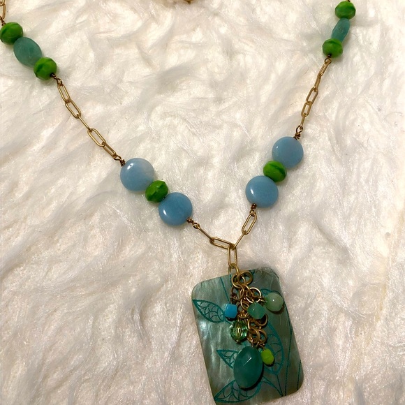 Handcrafted green, blue and gold necklace - Picture 2 of 5